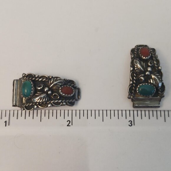 Vintage Native American Turquoise Coral Sterling Watch Tips   (1536) - Picture 6 of 6